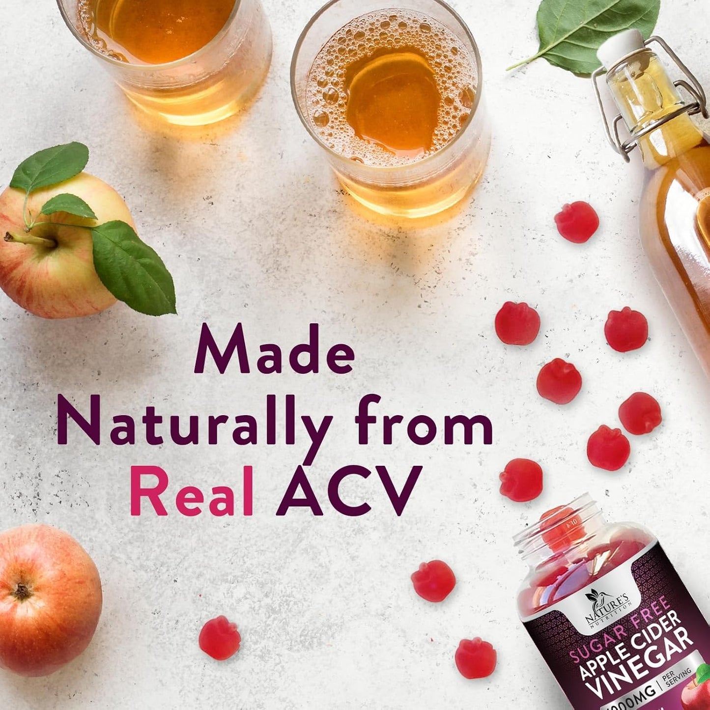 Vegan Apple Cider Vinegar Gummies for Weight Loss & Detox - 1000mg ACV Supplement with Vitamin B12 - Sugar Free, Non-GMO - 60 Gummies