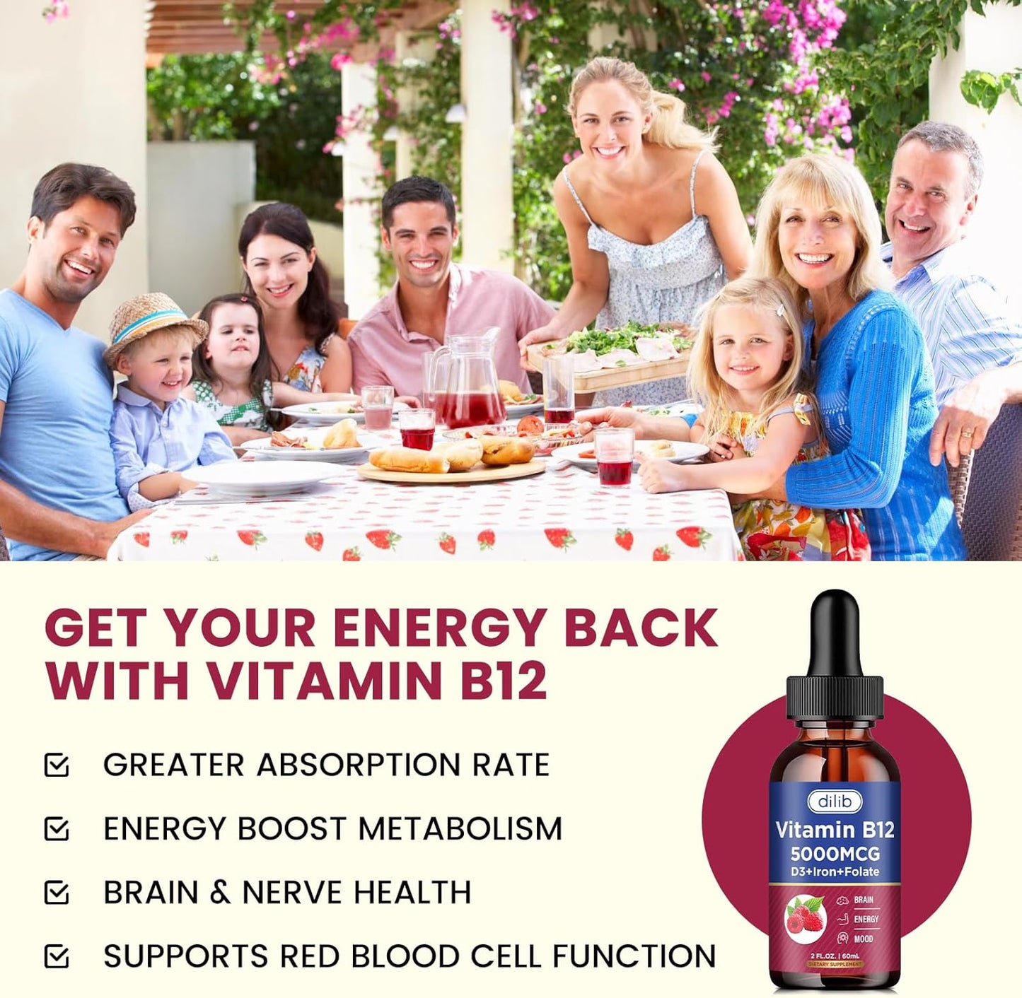 Vegan B12 Liquid Drops Supplement | Methylcobalamin with Folate, B6, C, D3 | 5000 mcg for Energy and Metabolism | Raspberry Flavor