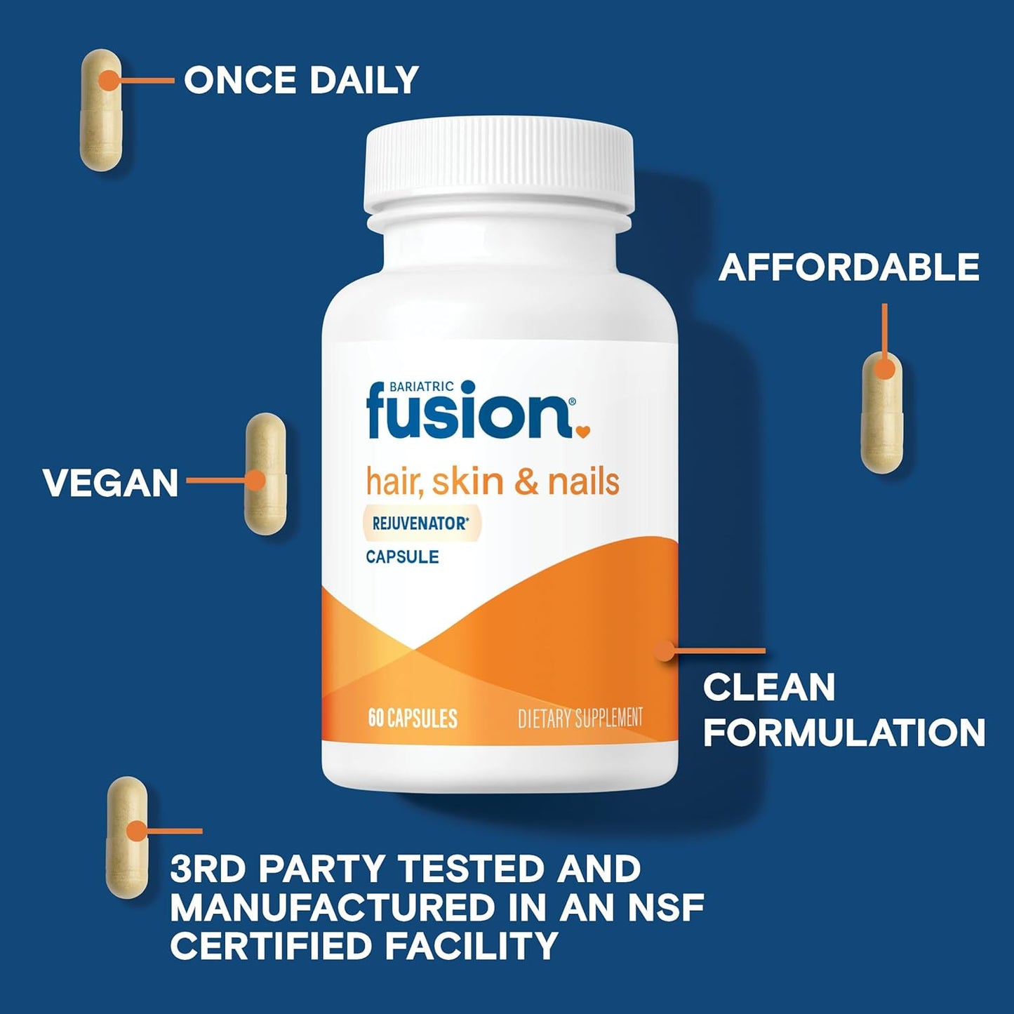 Vegan Bariatric Fusion ONE Per Day Hair Skin and Nails Vitamins for Women - Biotin, B12, B1 - 60 Capsules