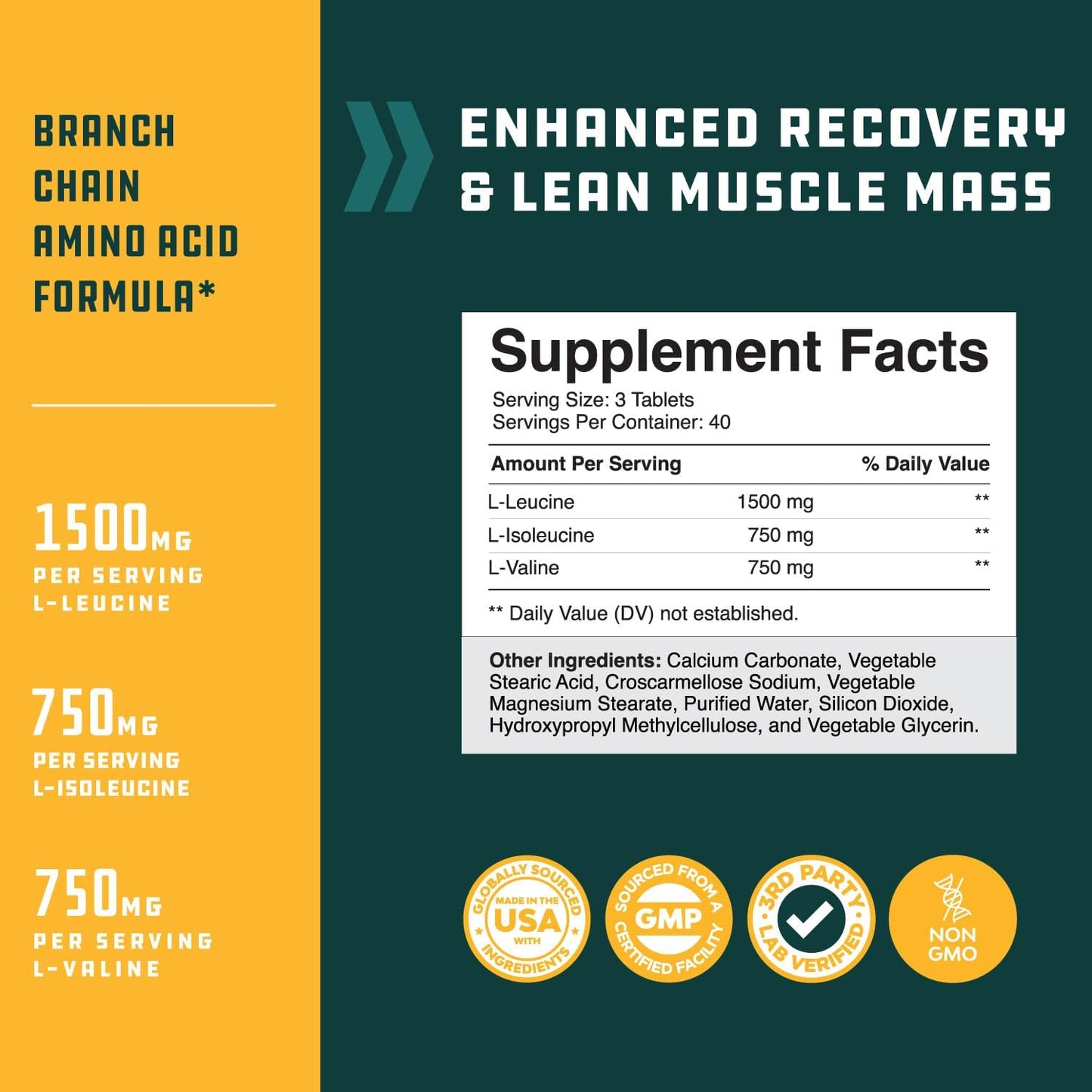 Vegan BCAA Tablets for Muscle Recovery and Growth - Natures Craft Branch Chain Amino Acids Supplement - 120 Count for Men and Women's Workout Recovery