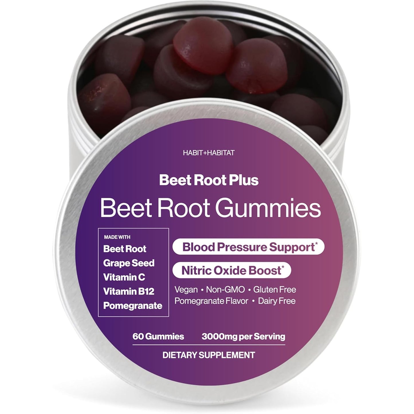 Vegan Beet Root Gummies for Healthy Blood Circulation and Aerobic Performance - Gluten-Free Supplement with Pomegranate Flavor