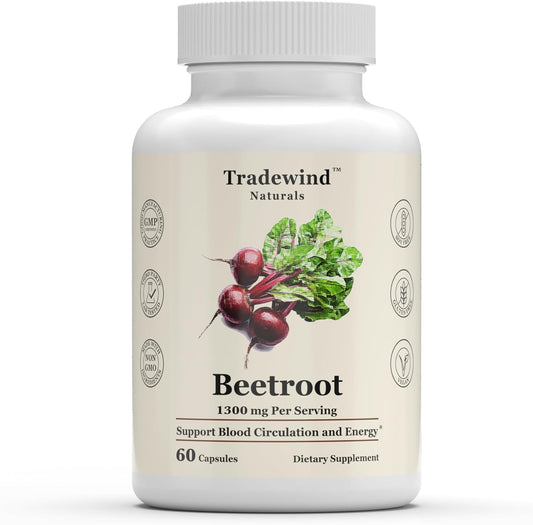 Vegan Beetroot Capsules 1300mg - Non-GMO Supplement for Blood Circulation & Energy - Pure Beet Extract - 60 Veg Caps