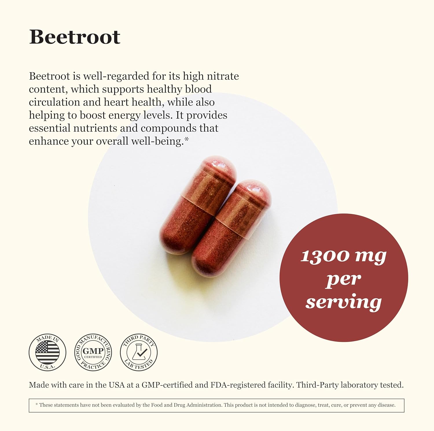 Vegan Beetroot Capsules 1300mg - Non-GMO Supplement for Blood Circulation & Energy - Pure Beet Extract - 60 Veg Caps