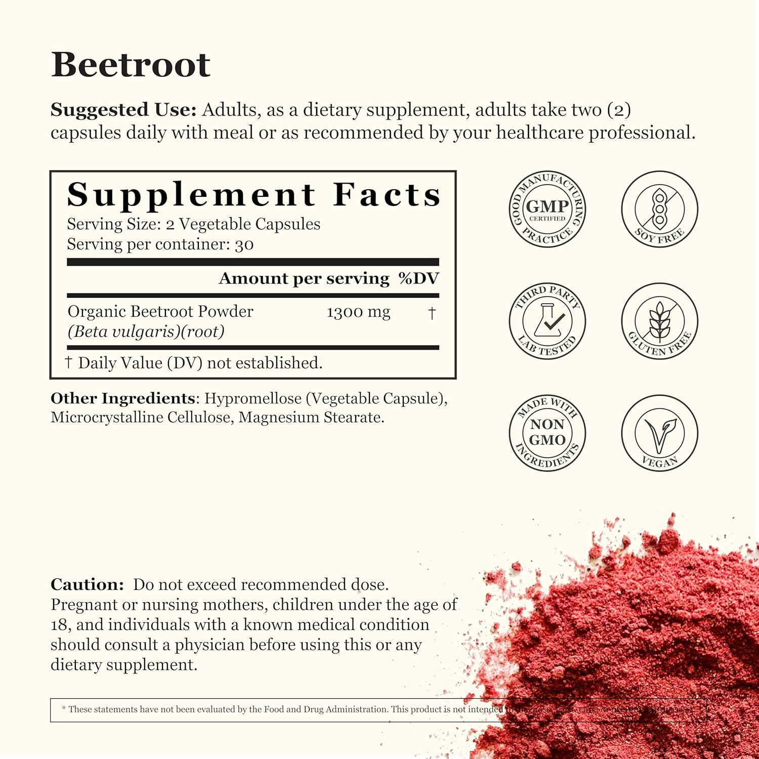 Vegan Beetroot Capsules 1300mg - Non-GMO Supplement for Blood Circulation & Energy - Pure Beet Extract - 60 Veg Caps