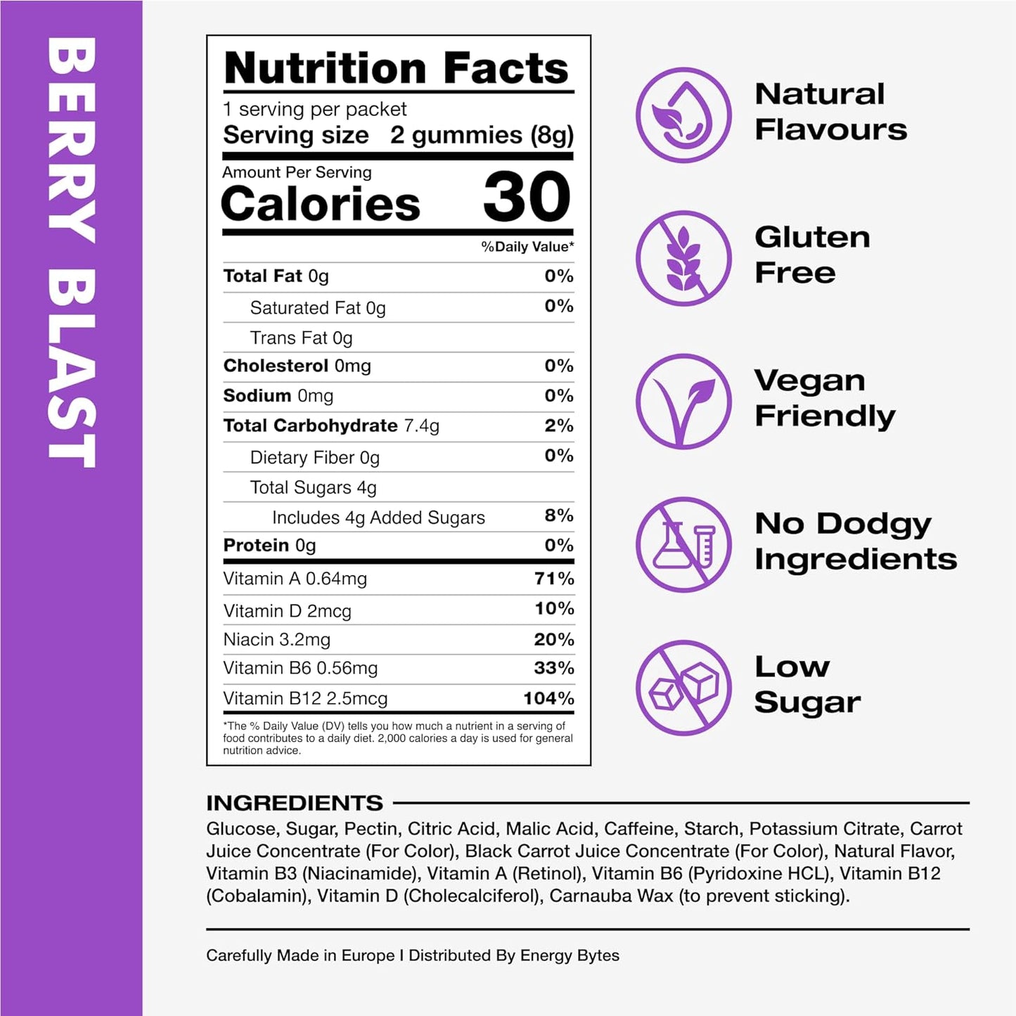 Vegan Berry Blast Caffeine Gummies for Instant Energy Boost in Running, Cycling & Sports | Low Sugar Energy Chews (12-Pack)