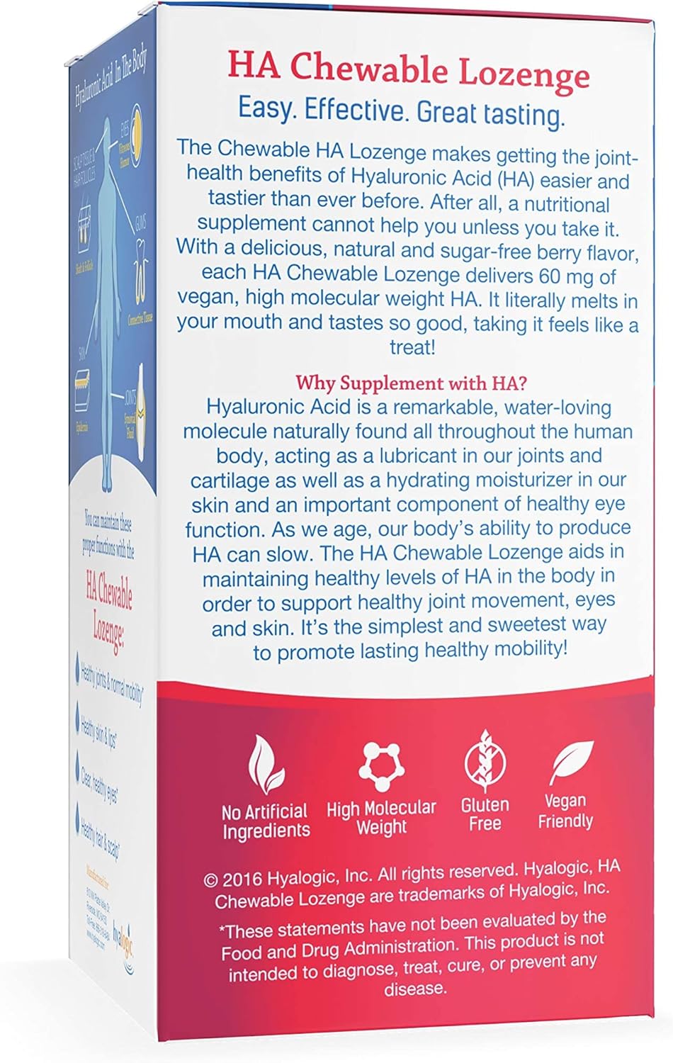 Vegan Berry Flavored Hyaluronic Acid Chewable Tablets for Joints, Skin, and Eyes - Sugar-Free Supplement (60 Count)