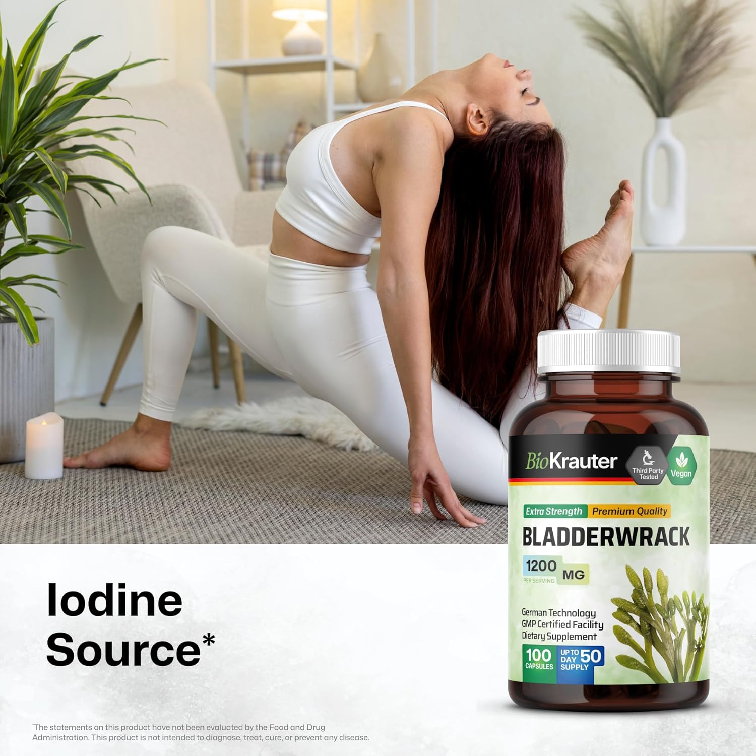 Vegan BIO KRAUTER Bladderwrack Capsules 1200mg - 100ct - Natural Marine Source Iodine Supplement