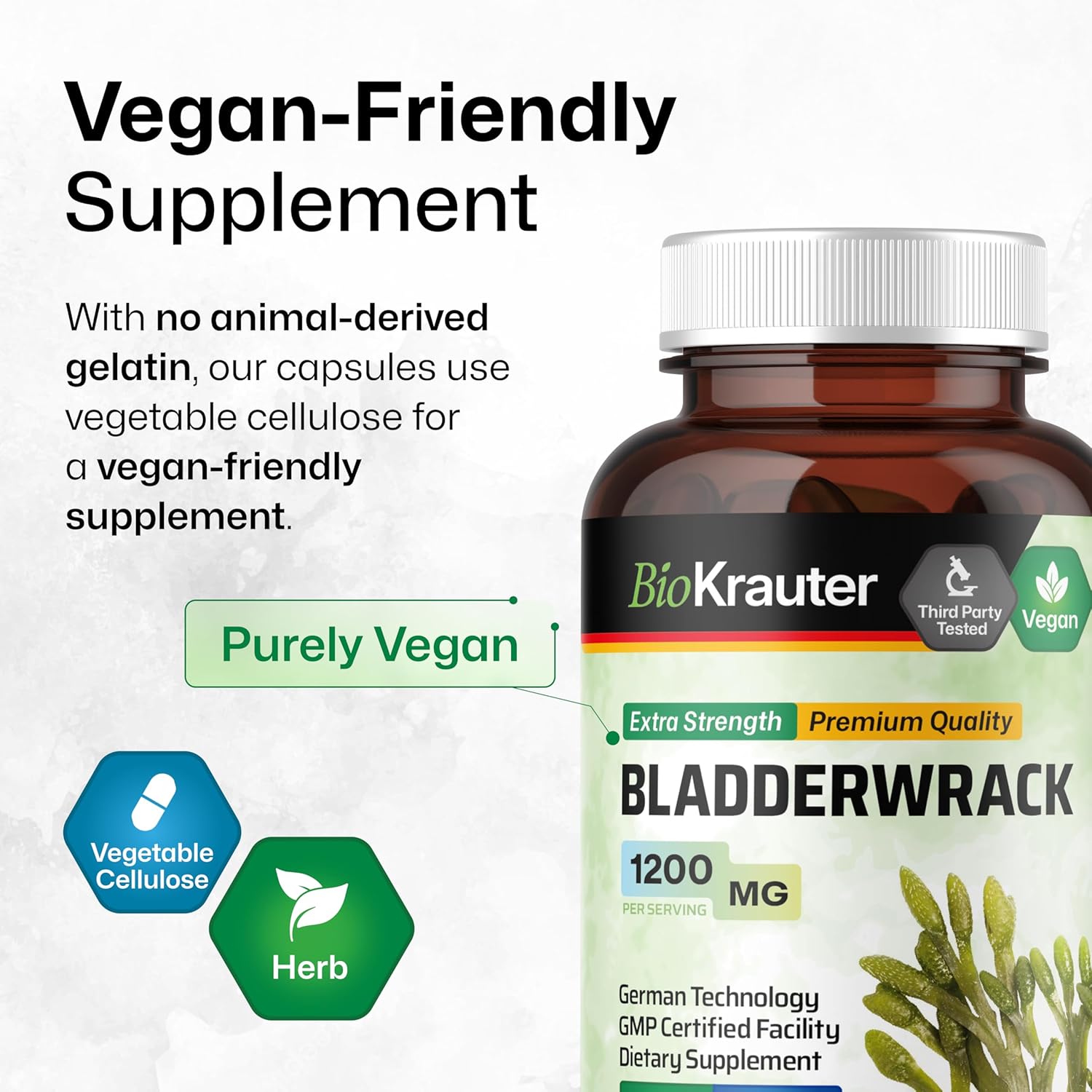Vegan BIO KRAUTER Bladderwrack Capsules 1200mg - 100ct - Natural Marine Source Iodine Supplement
