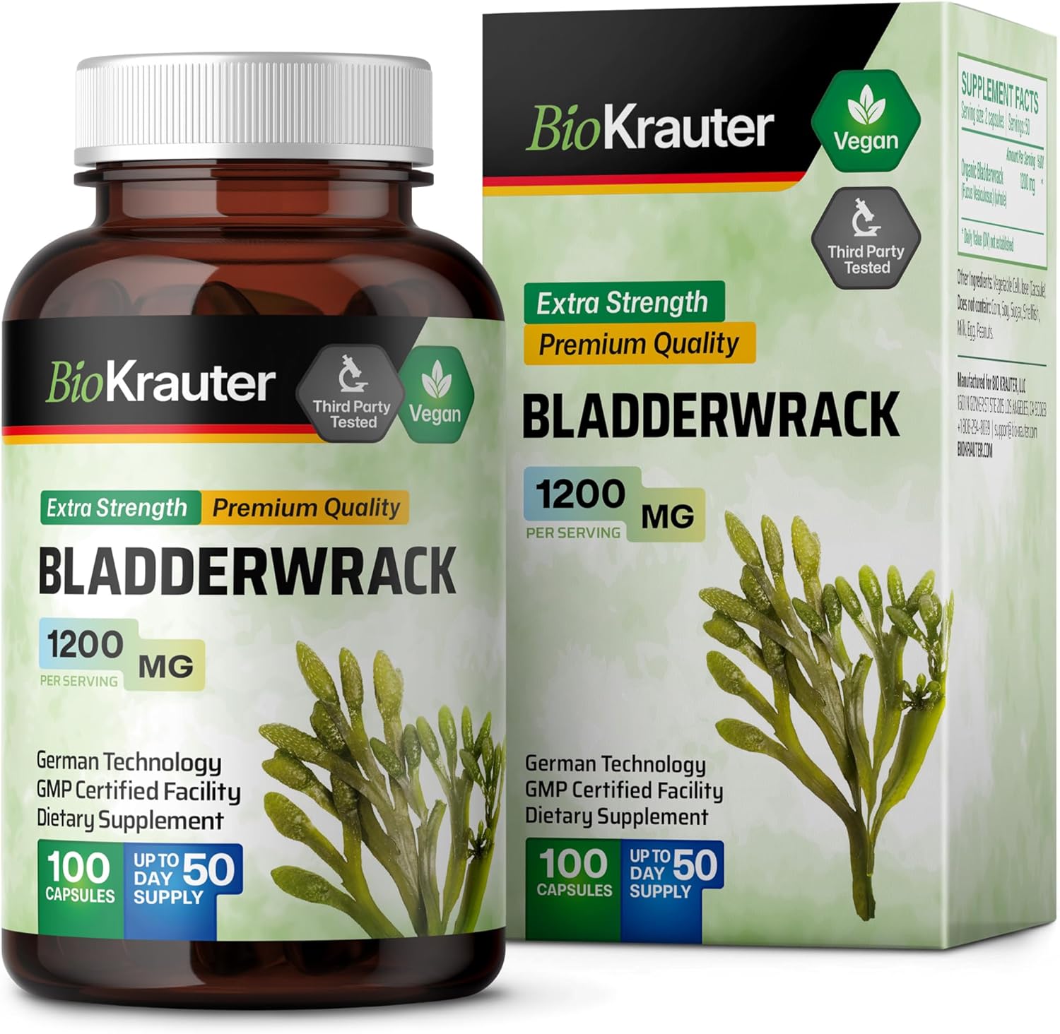 Vegan BIO KRAUTER Bladderwrack Capsules 1200mg - 100ct - Natural Marine Source Iodine Supplement