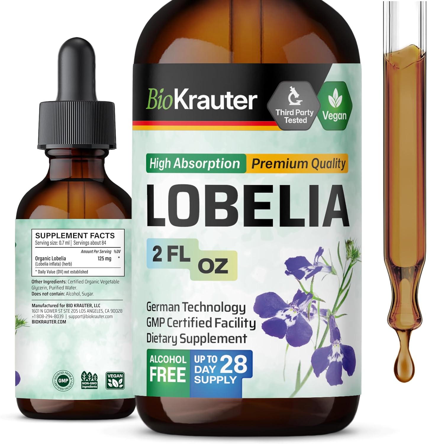 Vegan BIO KRAUTER Lobelia Tincture for Respiratory Support - Alcohol & Sugar Free - 2 Fl.Oz.