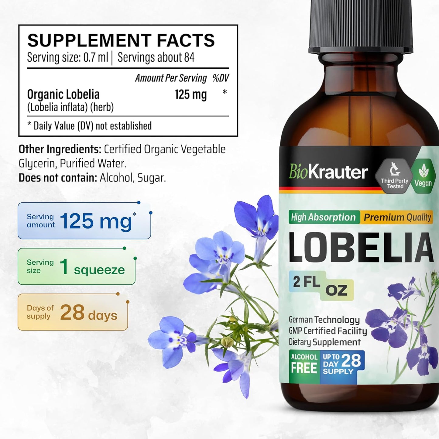 Vegan BIO KRAUTER Lobelia Tincture for Respiratory Support - Alcohol & Sugar Free - 2 Fl.Oz.