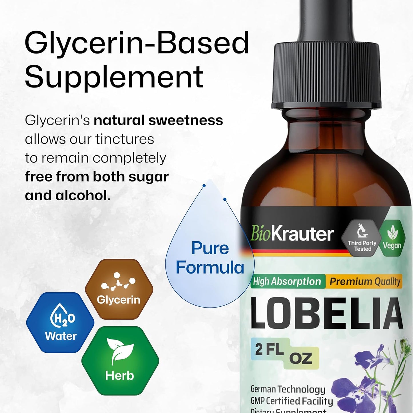 Vegan BIO KRAUTER Lobelia Tincture for Respiratory Support - Alcohol & Sugar Free - 2 Fl.Oz.
