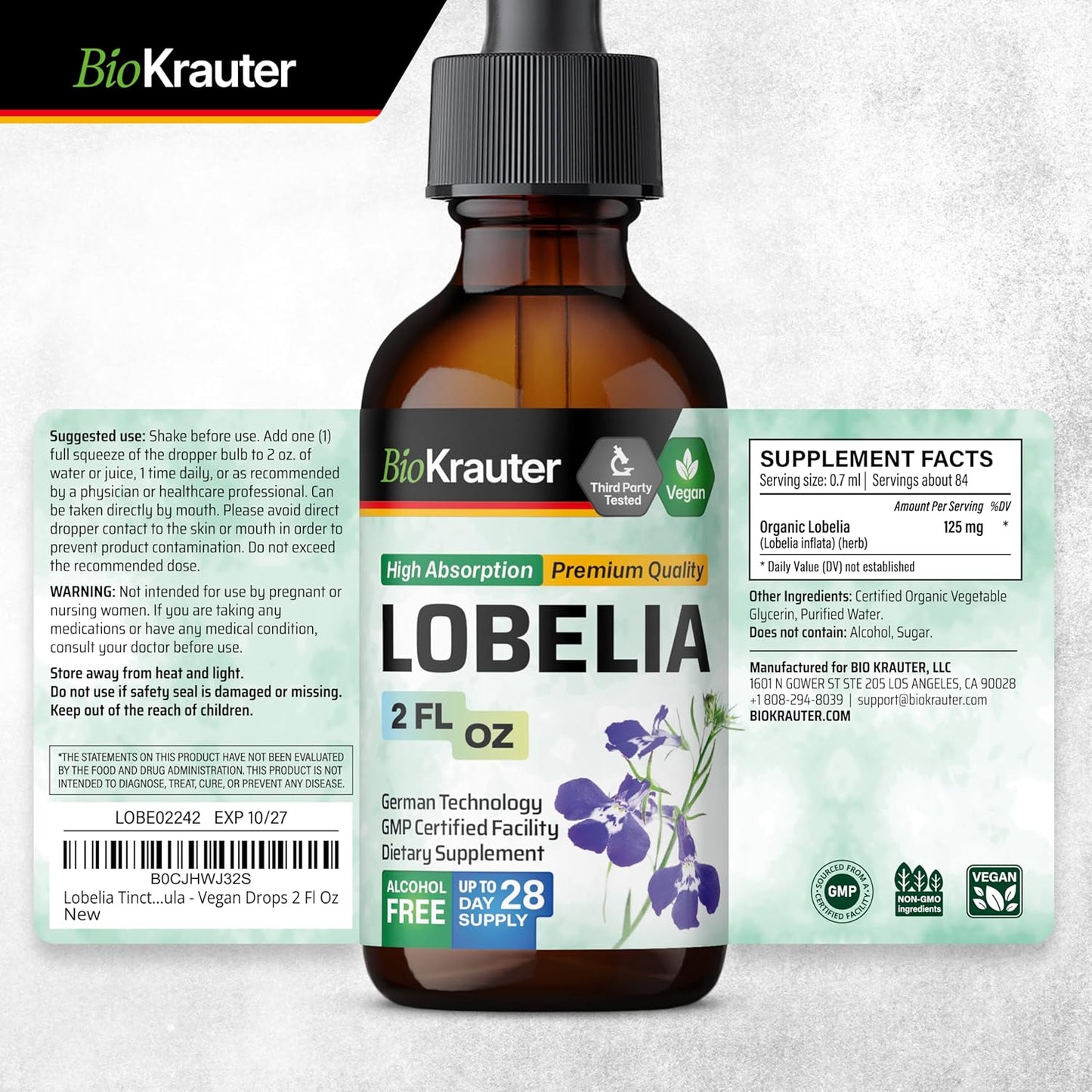 Vegan BIO KRAUTER Lobelia Tincture for Respiratory Support - Alcohol & Sugar Free - 2 Fl.Oz.