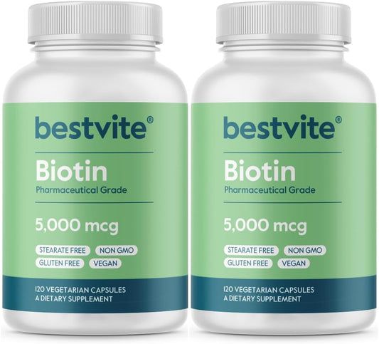 Vegan Biotin 5000mcg Capsules for Hair Skin Nails - 240 Vegetarian Capsules (120 x 2) - Non GMO Gluten Free