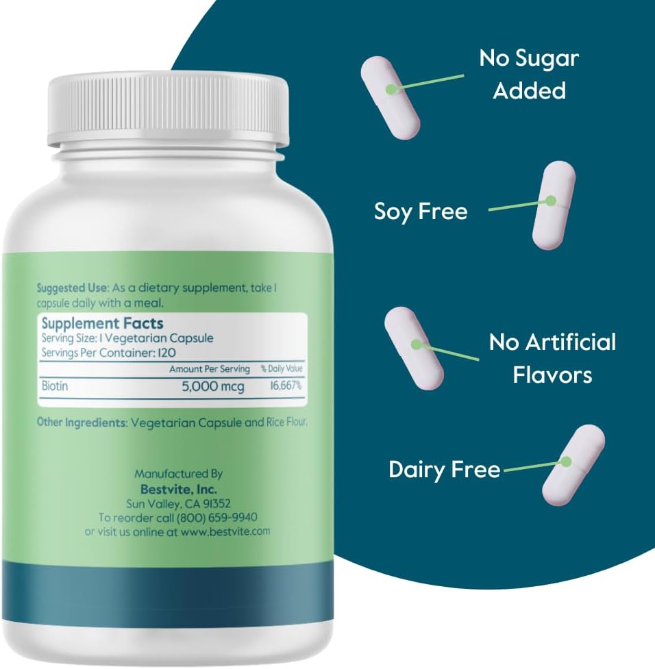 Vegan Biotin 5000mcg Capsules for Hair Skin Nails - 240 Vegetarian Capsules (120 x 2) - Non GMO Gluten Free