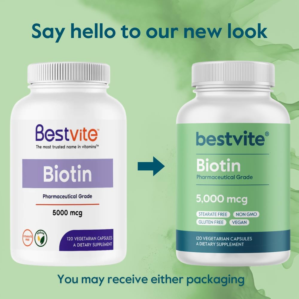 Vegan Biotin 5000mcg Capsules for Hair Skin Nails - 240 Vegetarian Capsules (120 x 2) - Non GMO Gluten Free