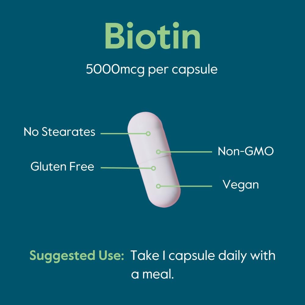 Vegan Biotin 5000mcg Capsules for Hair Skin Nails - 240 Vegetarian Capsules (120 x 2) - Non GMO Gluten Free