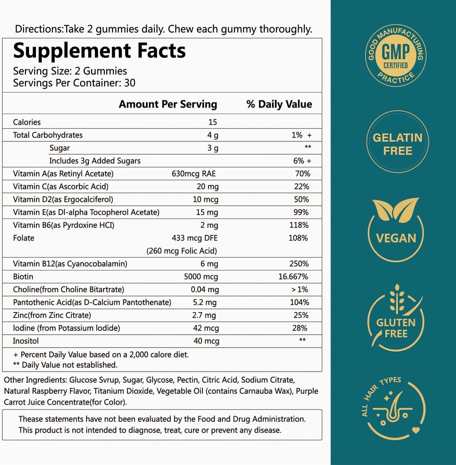 Vegan Biotin Gummies for Healthy Hair, Skin & Nails - Hair Growth Support - 30 Day Supply