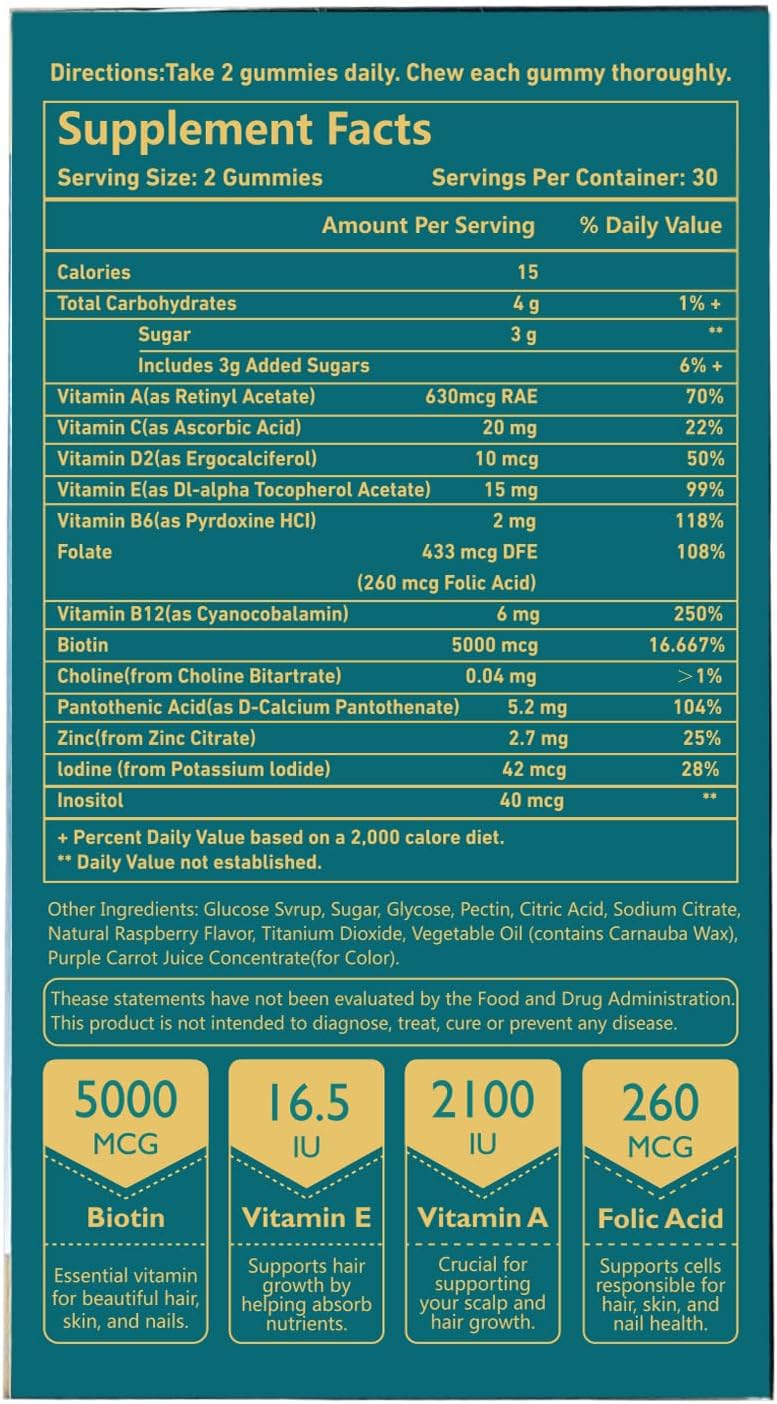 Vegan Biotin Gummies for Healthy Hair, Skin & Nails - Hair Growth Support - 30 Day Supply