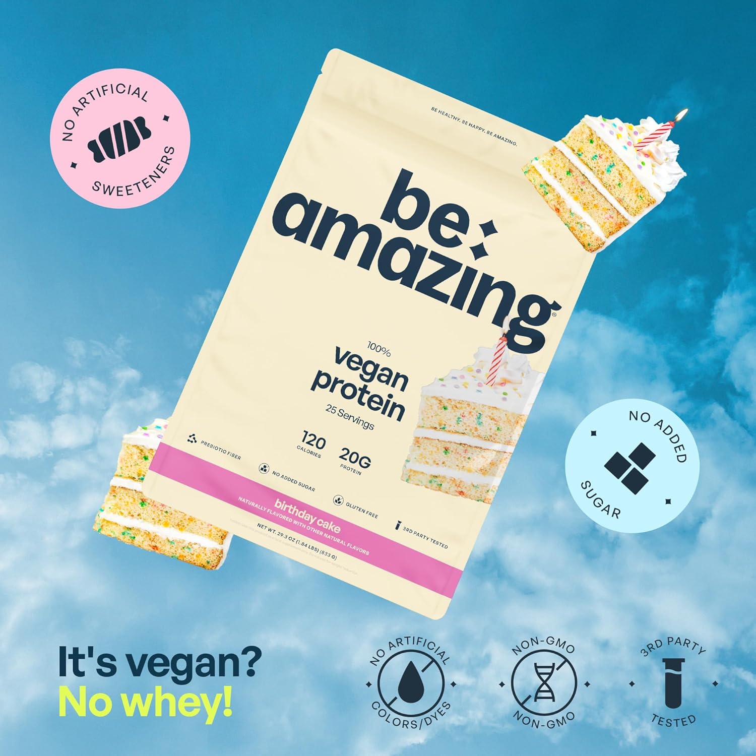 Vegan Birthday Cake Protein Powder with Prebiotics | 20g Plant-Based Protein, Low Carb, Gluten and Sugar-Free Smoothie Mix | BEAM Funfetti Shake, 25 Servings