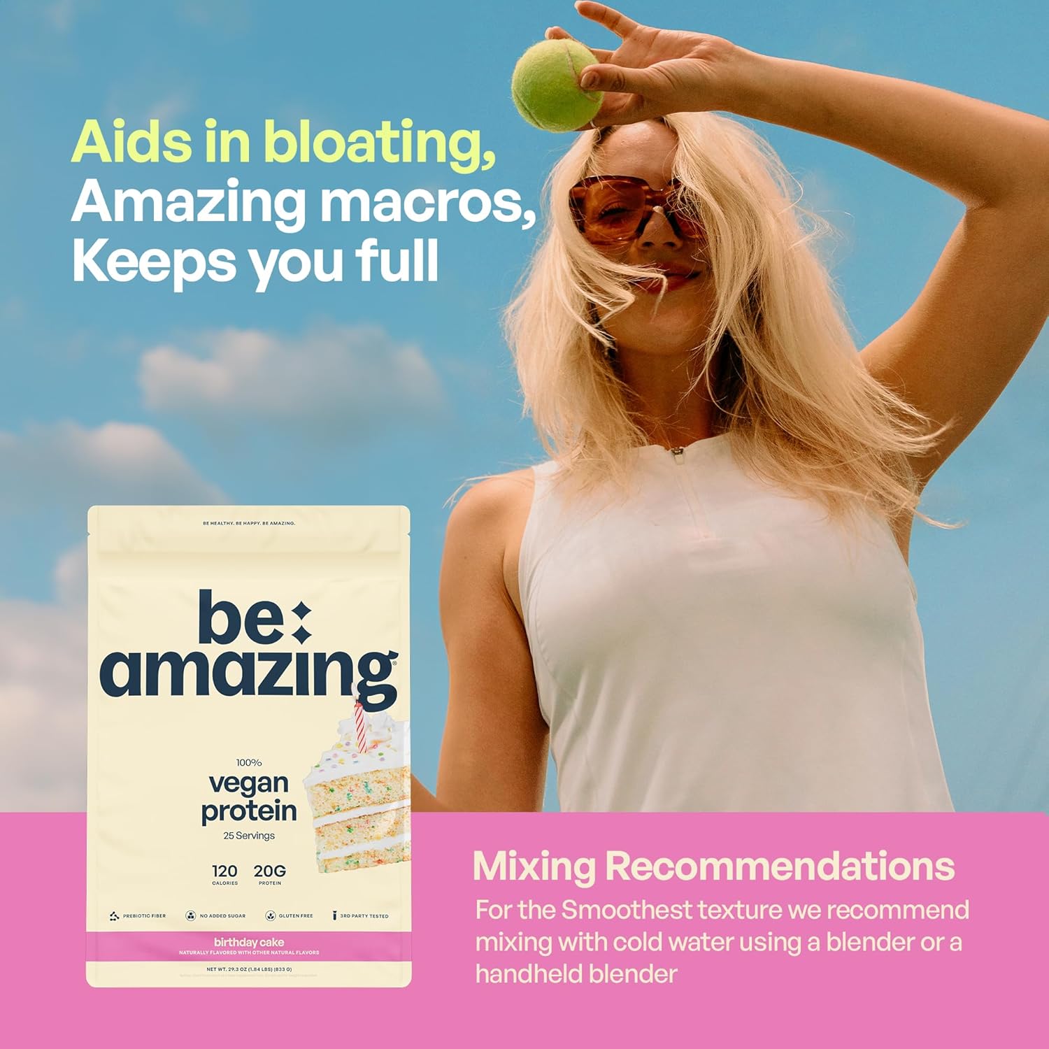 Vegan Birthday Cake Protein Powder with Prebiotics | 20g Plant-Based Protein, Low Carb, Gluten and Sugar-Free Smoothie Mix | BEAM Funfetti Shake, 25 Servings