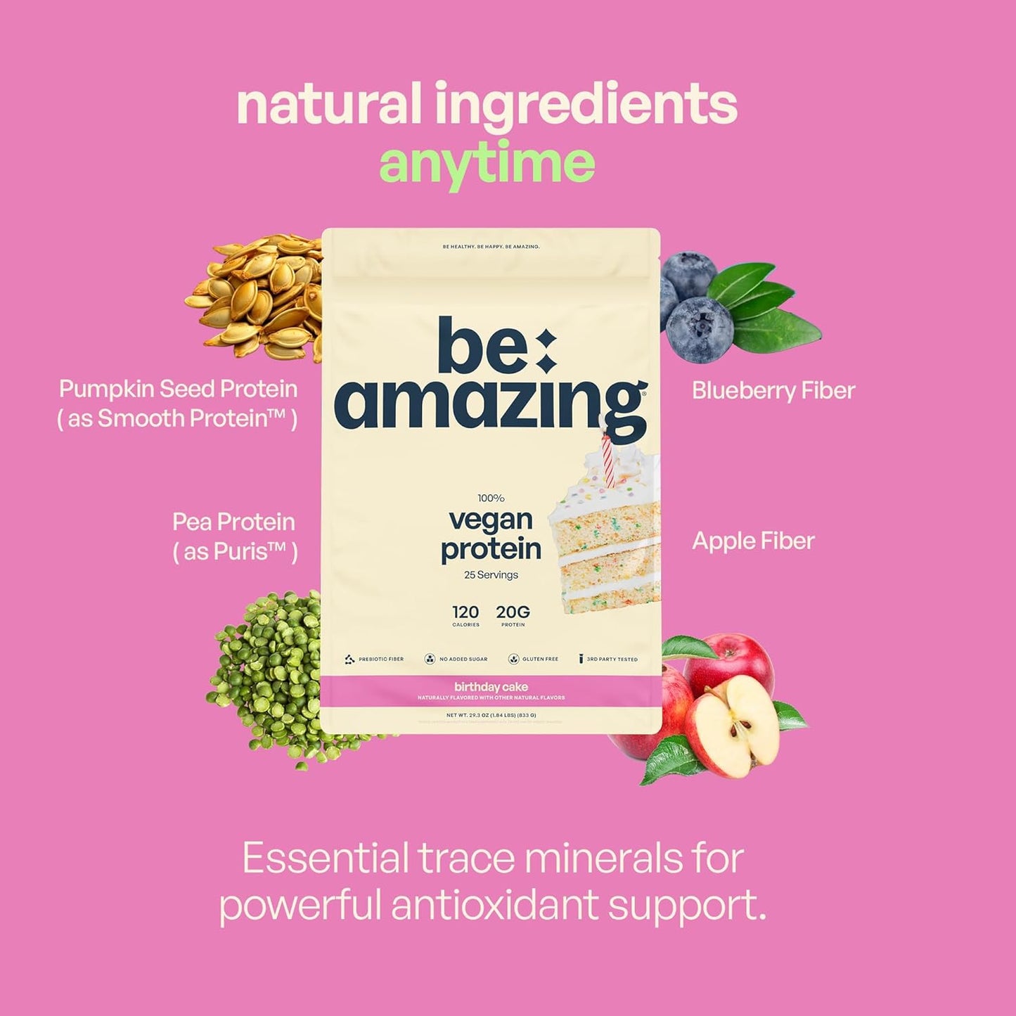 Vegan Birthday Cake Protein Powder with Prebiotics | 20g Plant-Based Protein, Low Carb, Gluten and Sugar-Free Smoothie Mix | BEAM Funfetti Shake, 25 Servings