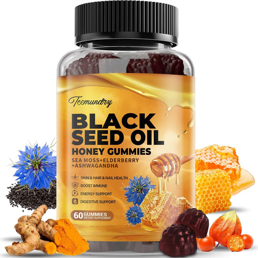 Vegan Black Seed Oil Gummies with Ashwagandha and Honey - Immune Energy Support for Adults - 60 Count
