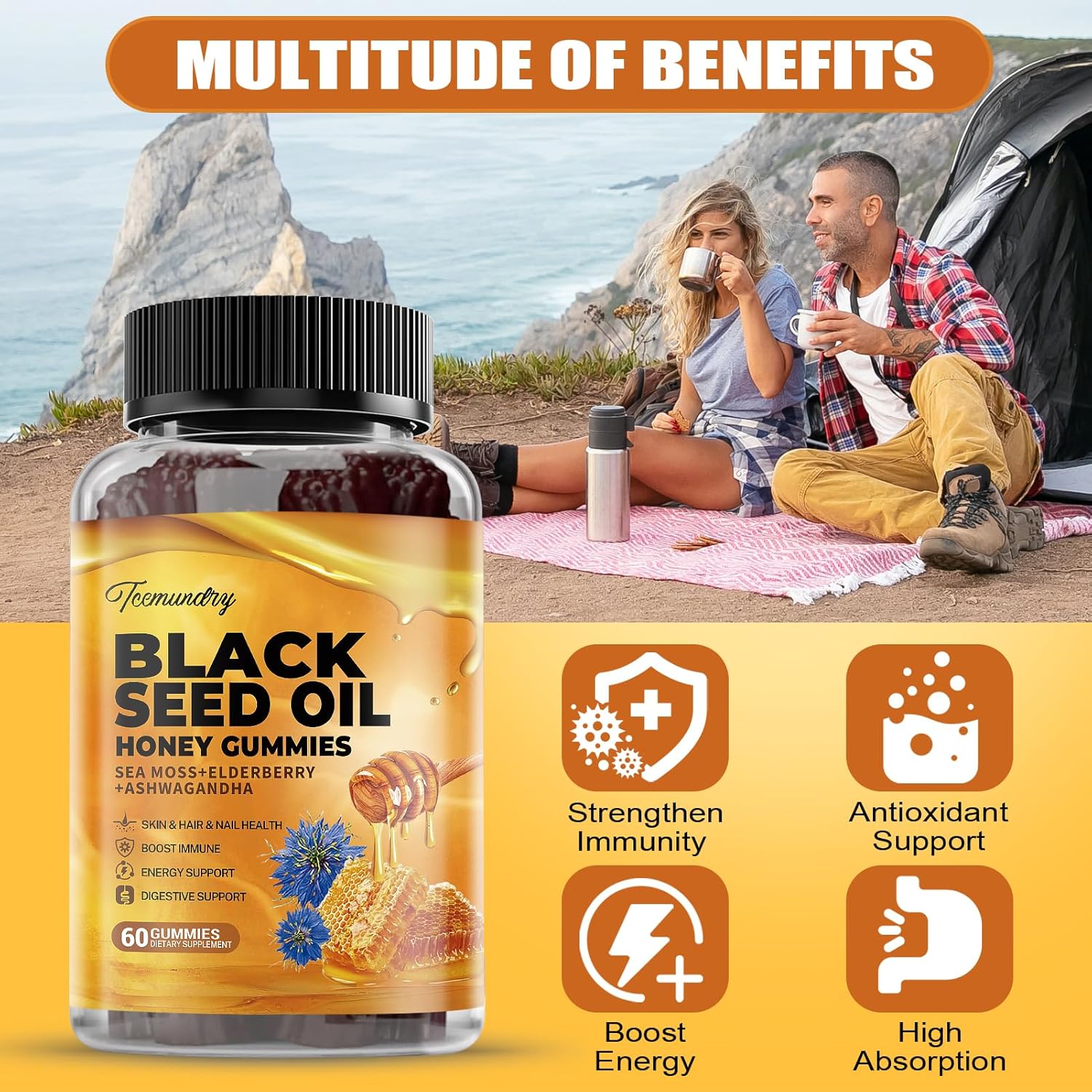 Vegan Black Seed Oil Gummies with Ashwagandha and Honey - Immune Energy Support for Adults - 60 Count