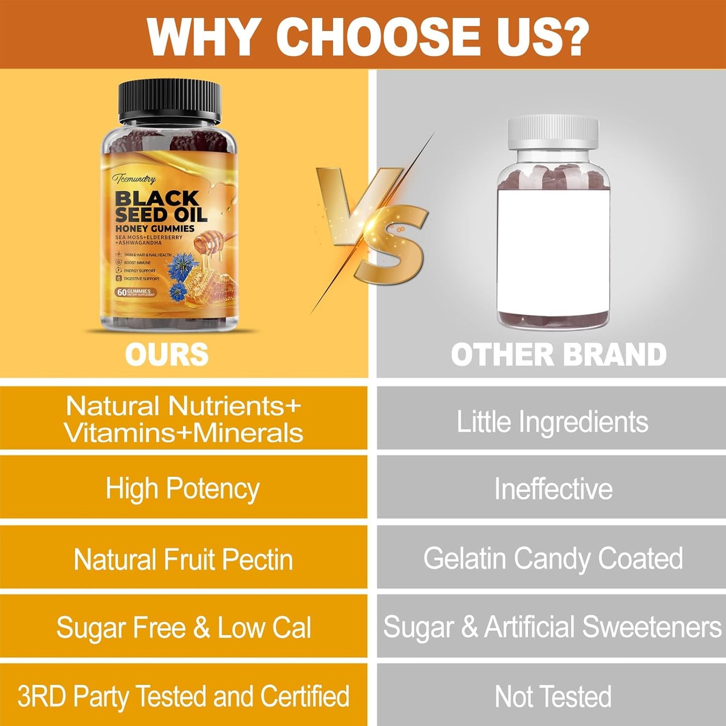 Vegan Black Seed Oil Gummies with Ashwagandha and Honey - Immune Energy Support for Adults - 60 Count