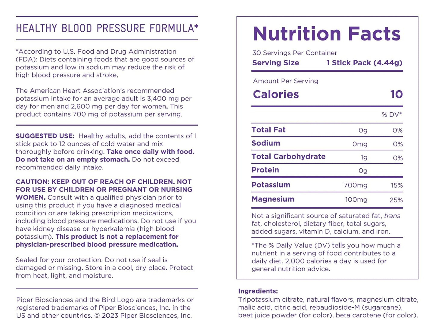 Vegan Blood Pressure Drink Mix with Potassium and Magnesium Powder: 30 Stick Packs (Non-GMO)