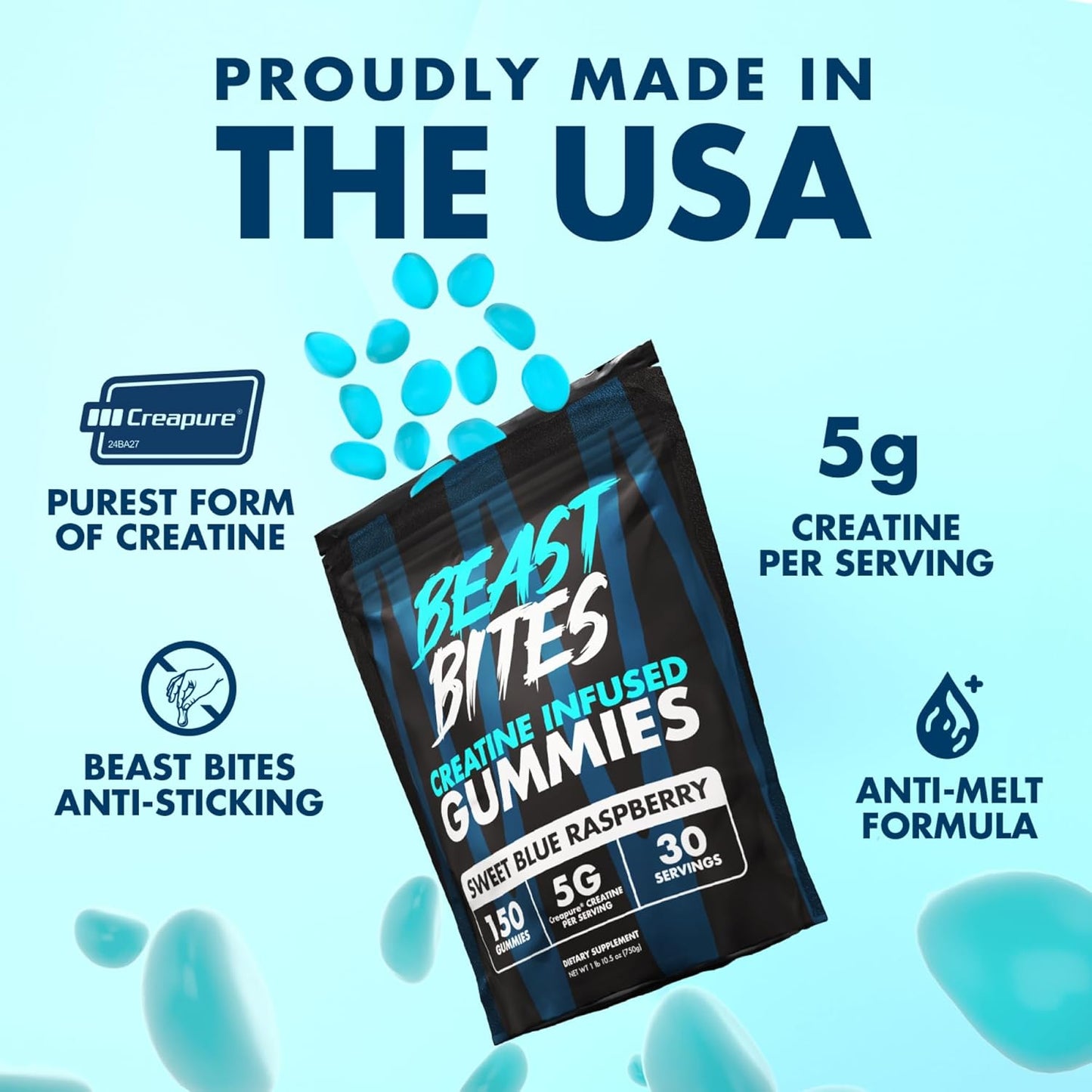 Vegan Blue Raspberry Creatine Gummies - 5g Creatine Monohydrate - Low-Calorie, Made in USA - 30 Servings