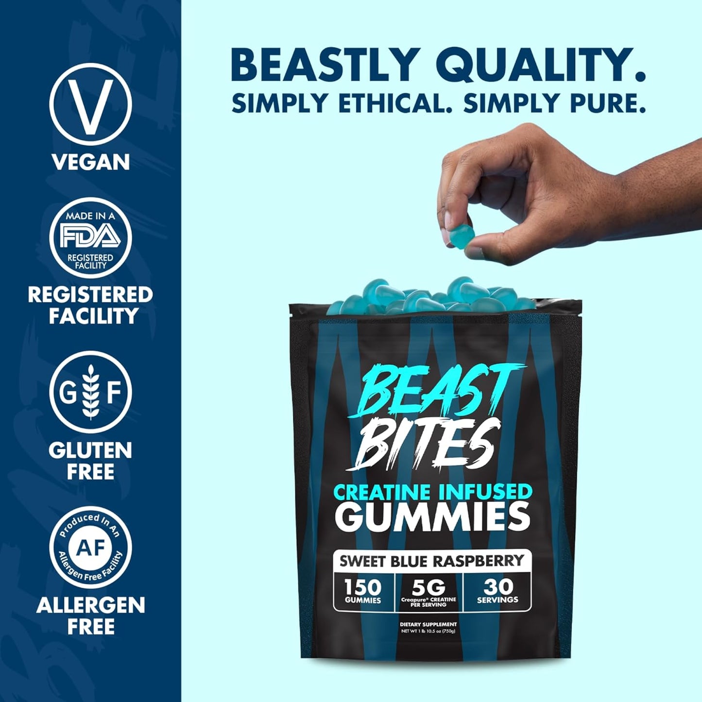 Vegan Blue Raspberry Creatine Gummies - 5g Creatine Monohydrate - Low-Calorie, Made in USA - 30 Servings
