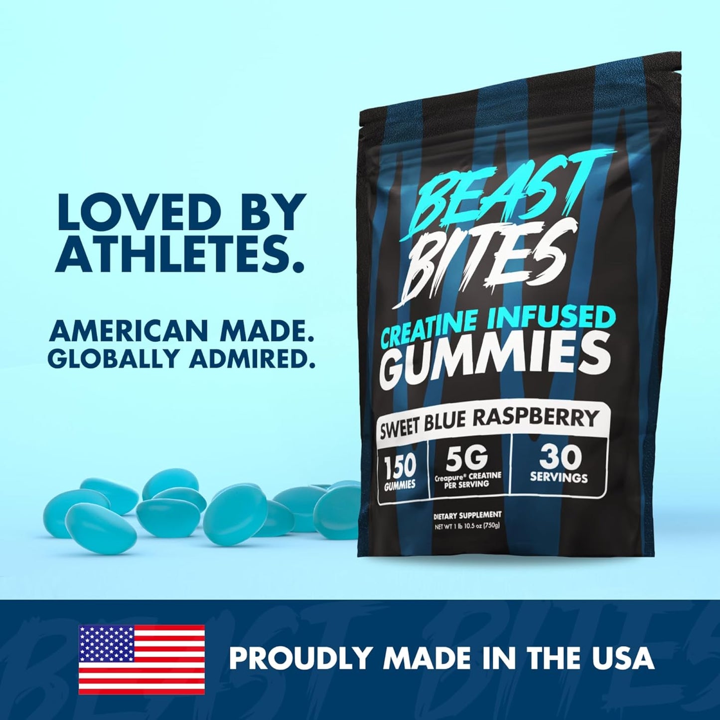 Vegan Blue Raspberry Creatine Gummies - 5g Creatine Monohydrate - Low-Calorie, Made in USA - 30 Servings