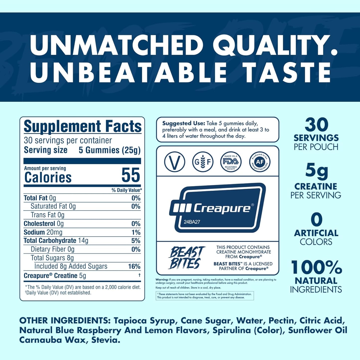 Vegan Blue Raspberry Creatine Gummies - 5g Creatine Monohydrate - Low-Calorie, Made in USA - 30 Servings