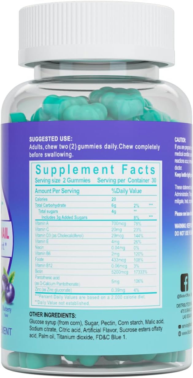 Vegan Blueberry Flavored Hair Skin Nails Gummies with Biotin 5200mcg, Vitamins A C D E, 60 Count