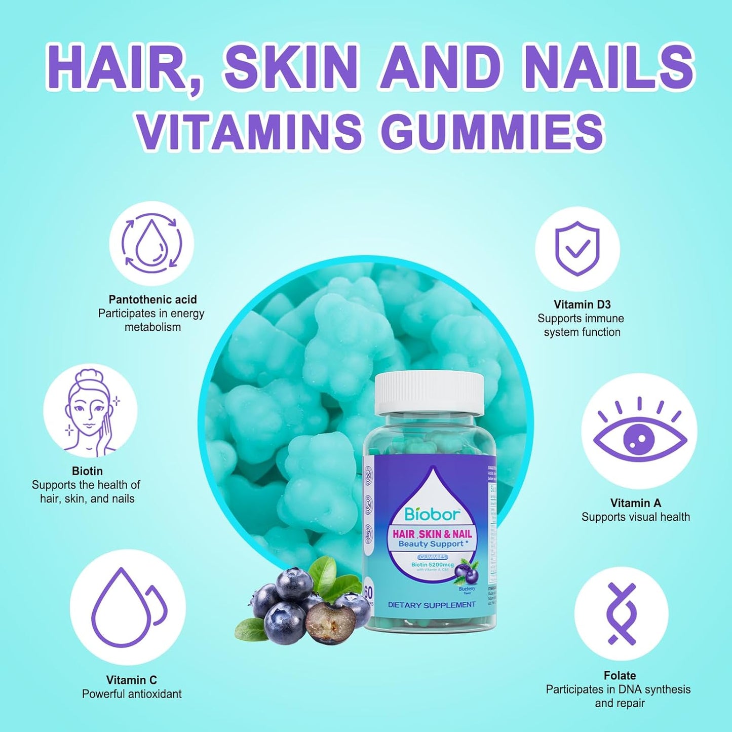 Vegan Blueberry Flavored Hair Skin Nails Gummies with Biotin 5200mcg, Vitamins A C D E, 60 Count