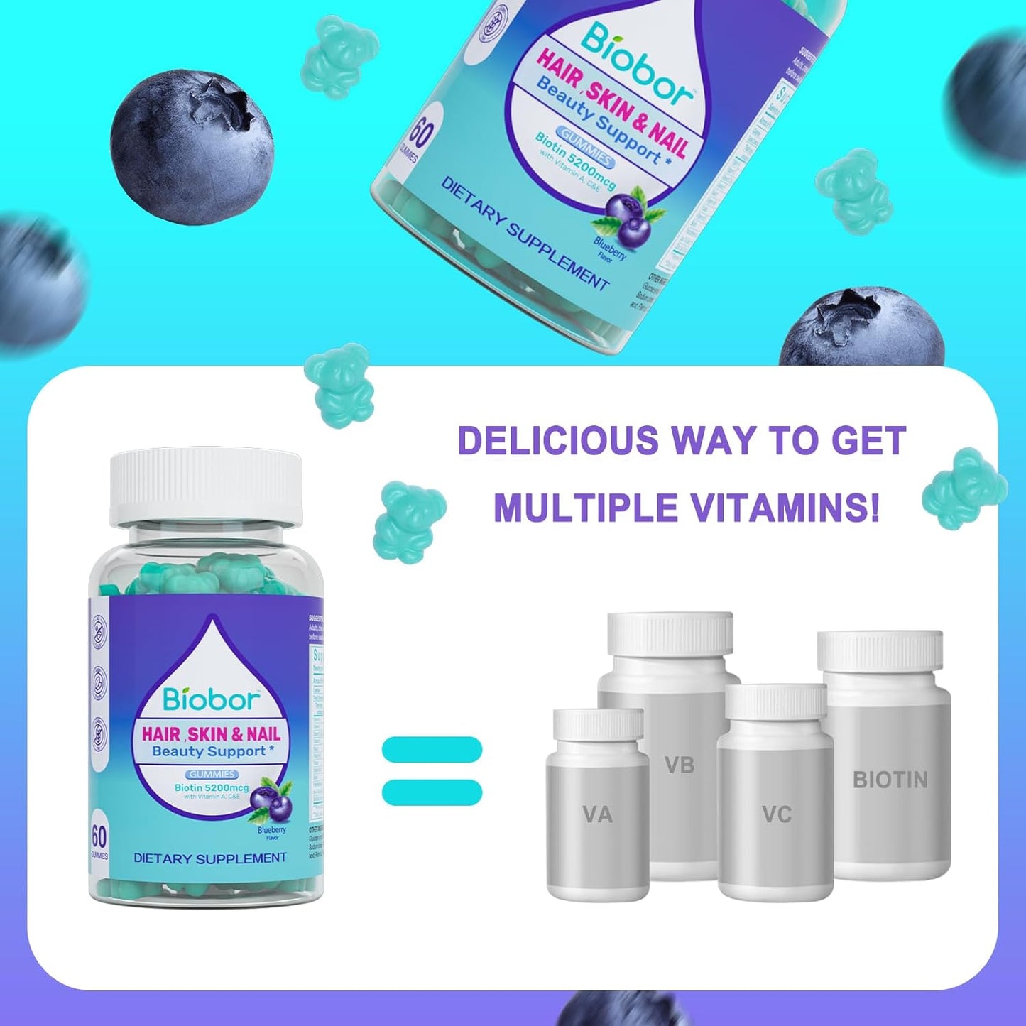 Vegan Blueberry Flavored Hair Skin Nails Gummies with Biotin 5200mcg, Vitamins A C D E, 60 Count