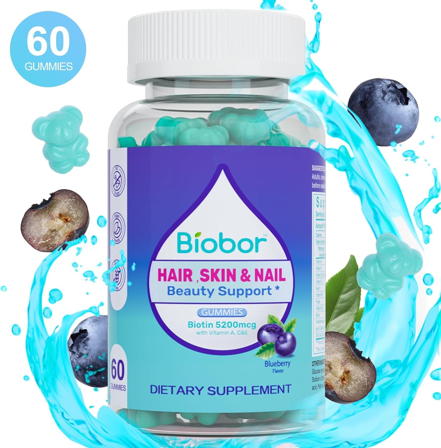 Vegan Blueberry Flavored Hair Skin Nails Gummies with Biotin 5200mcg, Vitamins A C D E, 60 Count