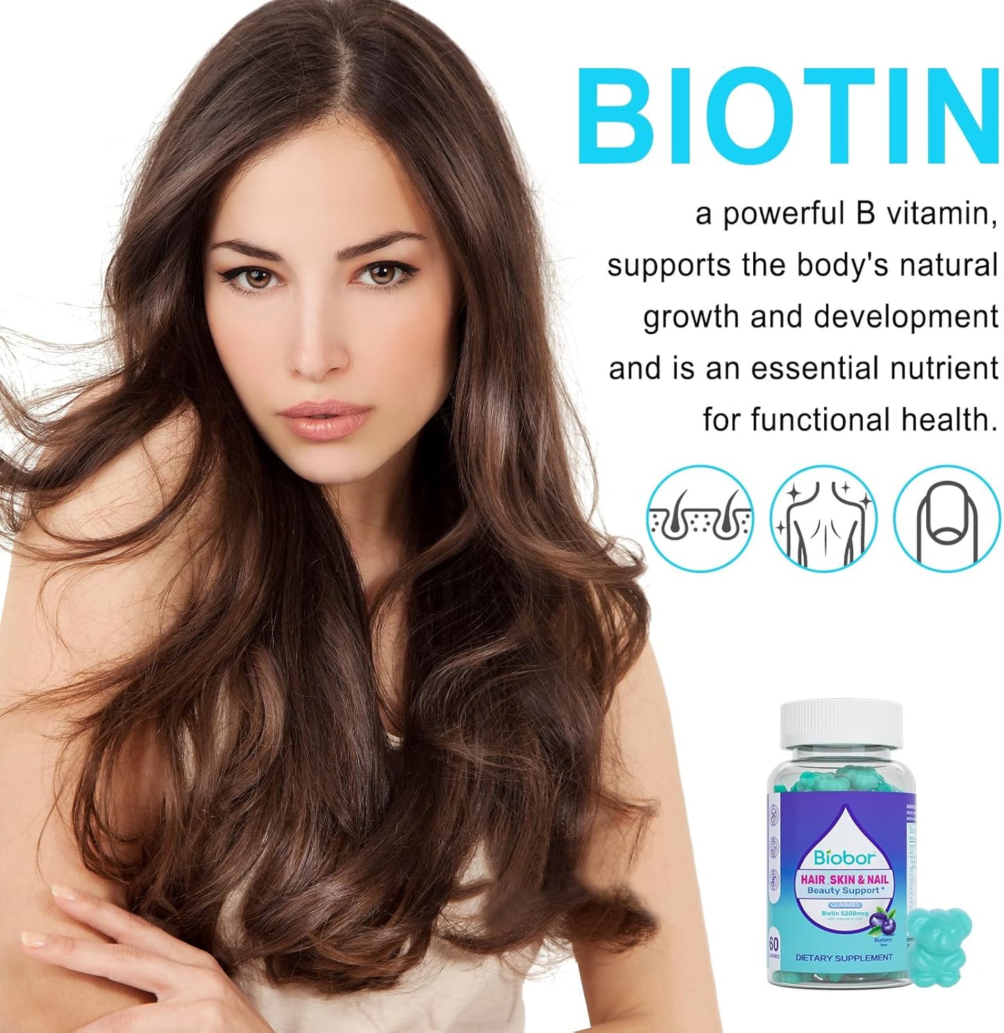 Vegan Blueberry Flavored Hair Skin Nails Gummies with Biotin 5200mcg, Vitamins A C D E, 60 Count