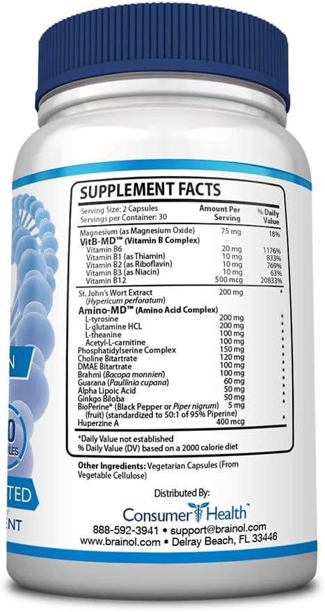 Vegan Brain Support Supplement with B Vitamins, Magnesium, Amino Acids, and Herbs - 60 Capsules - 30 Day Supply