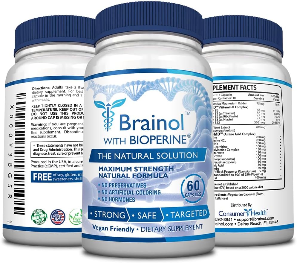 Vegan Brain Support Supplement with B Vitamins, Magnesium, Amino Acids, and Herbs - 60 Capsules - 30 Day Supply