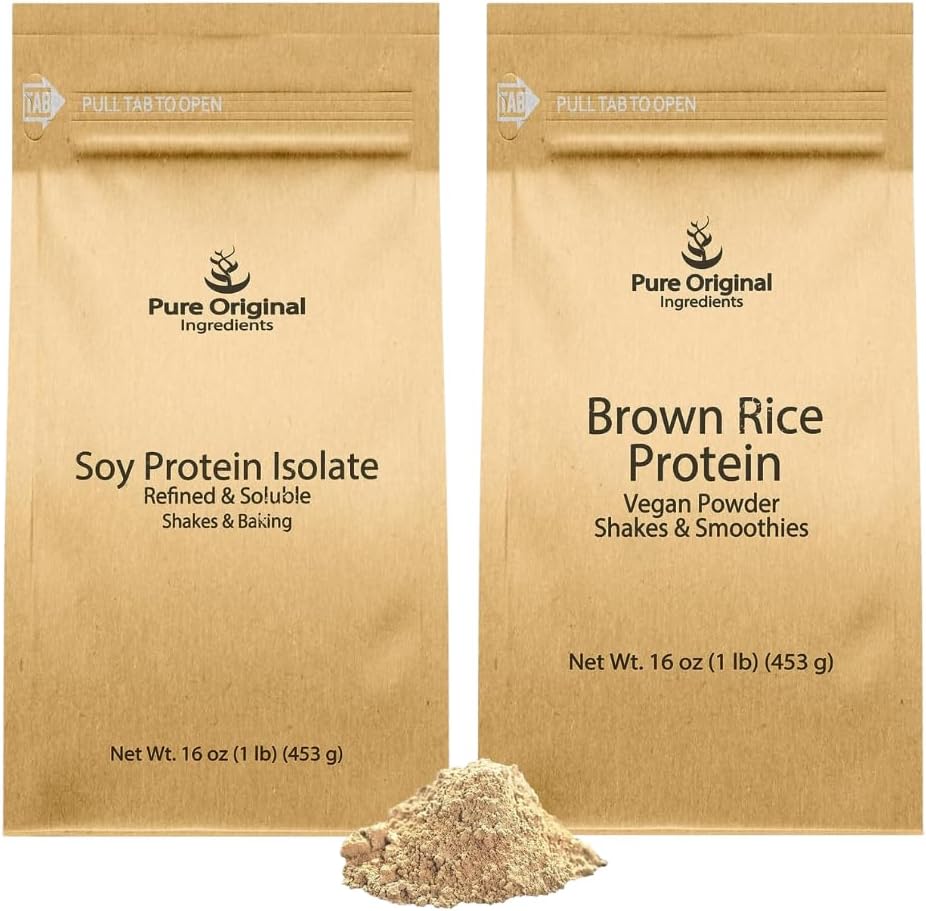 Vegan Brown Rice Protein Powder and Soy Protein Isolate Bundle, 1 lb Each - Pure Original Ingredients, No Fillers