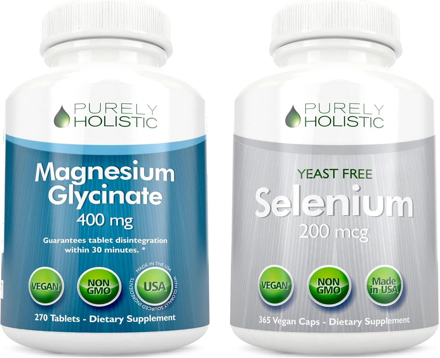 Vegan Bundle: Purely Holistic Magnesium Glycinate 400mg + Selenium 200mcg - 270 Tablets & 365 Capsules - USA Made
