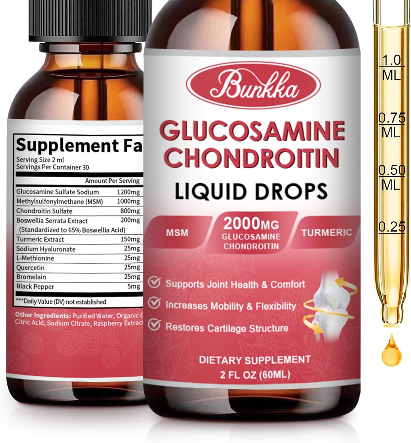 Vegan Bunkka Liquid Joint Support Drops with Glucosamine, Chondroitin, MSM, Turmeric, Boswellia - Antioxidant Formula for Healthy Joints, Mobility, and Cartilage