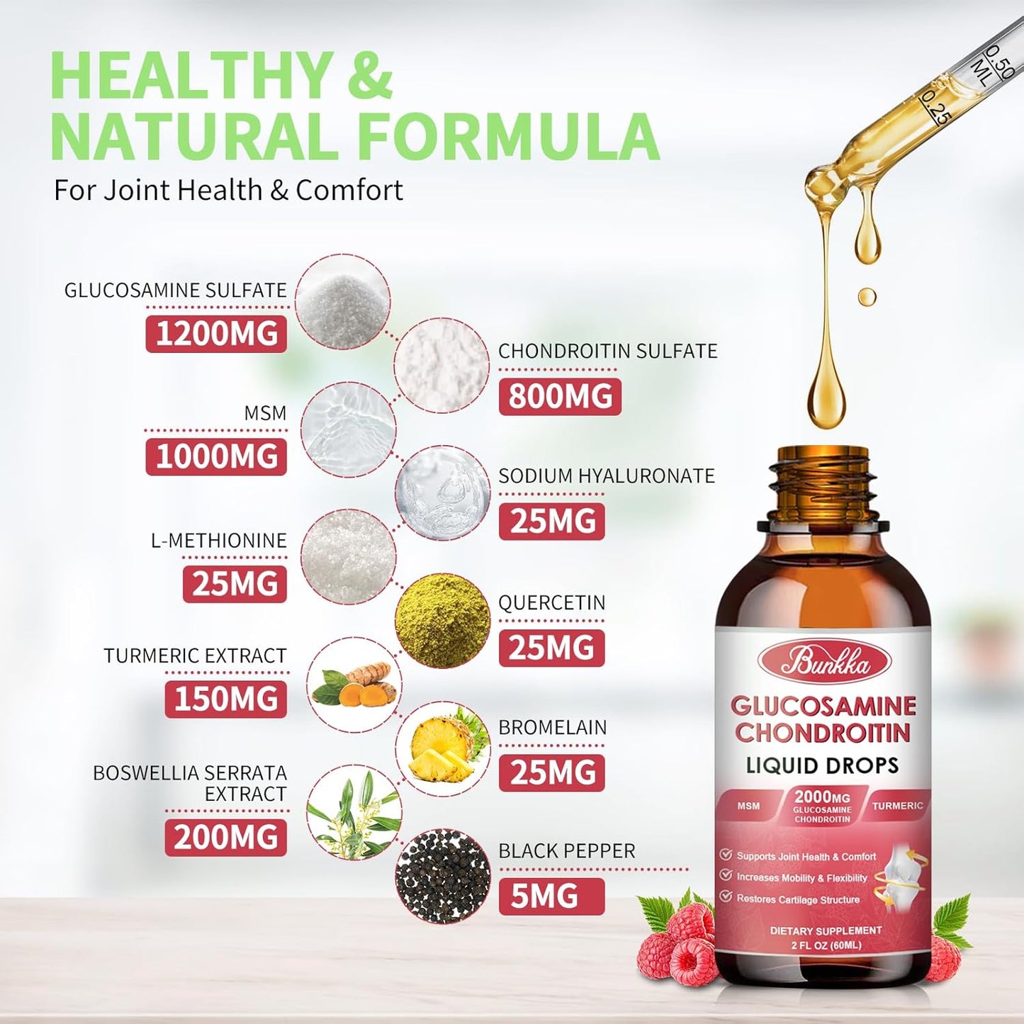 Vegan Bunkka Liquid Joint Support Drops with Glucosamine, Chondroitin, MSM, Turmeric, Boswellia - Antioxidant Formula for Healthy Joints, Mobility, and Cartilage