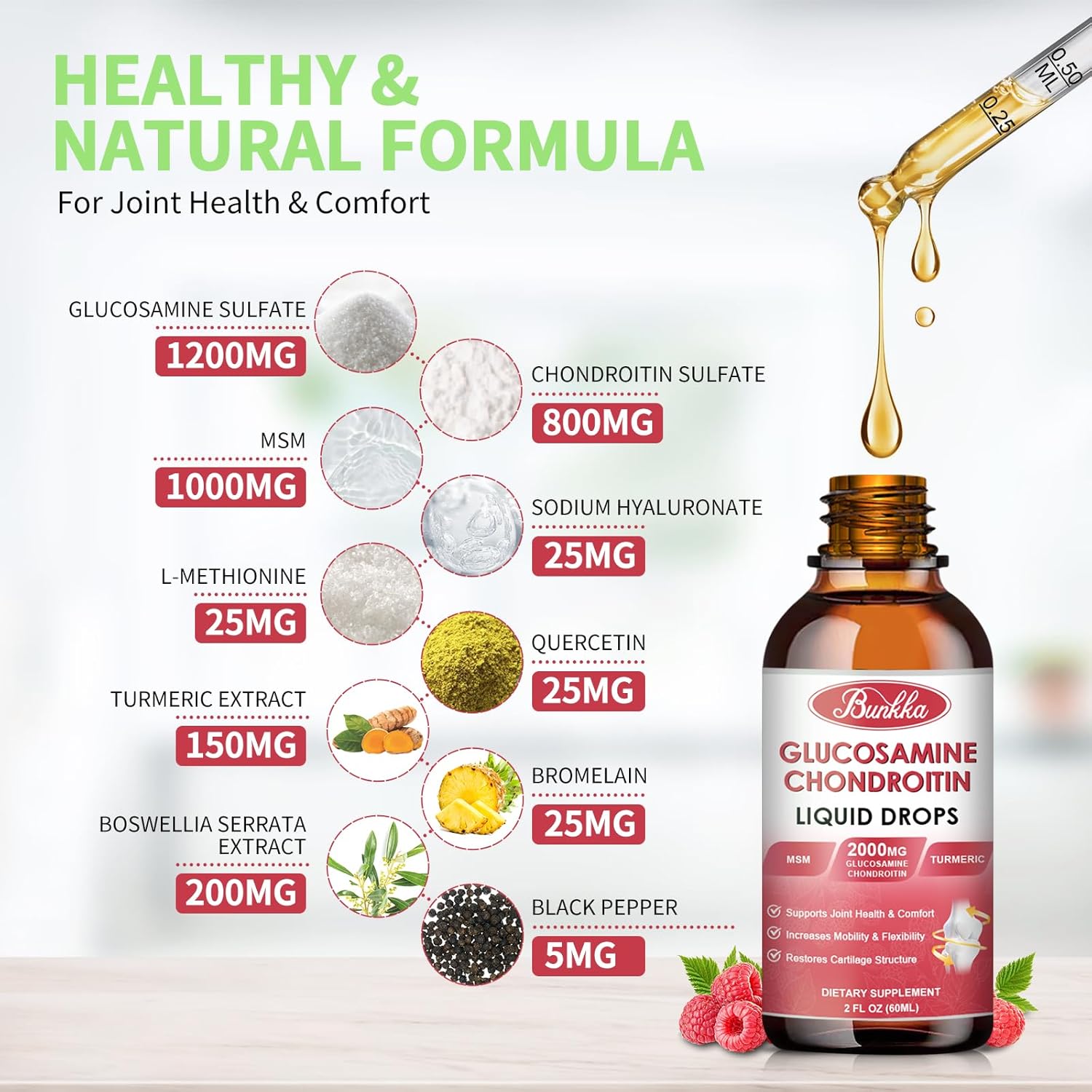 Vegan Bunkka Liquid Joint Support Drops with Glucosamine, Chondroitin, MSM, Turmeric, Boswellia - Antioxidant Formula for Healthy Joints, Mobility, and Cartilage