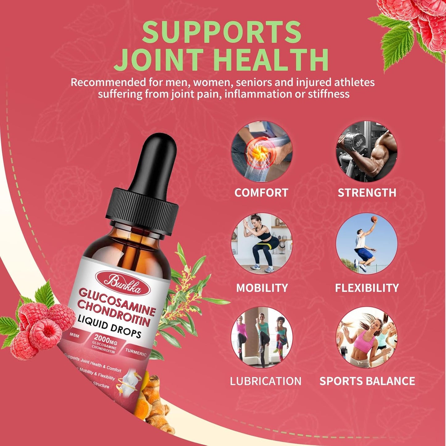 Vegan Bunkka Liquid Joint Support Drops with Glucosamine, Chondroitin, MSM, Turmeric, Boswellia - Antioxidant Formula for Healthy Joints, Mobility, and Cartilage