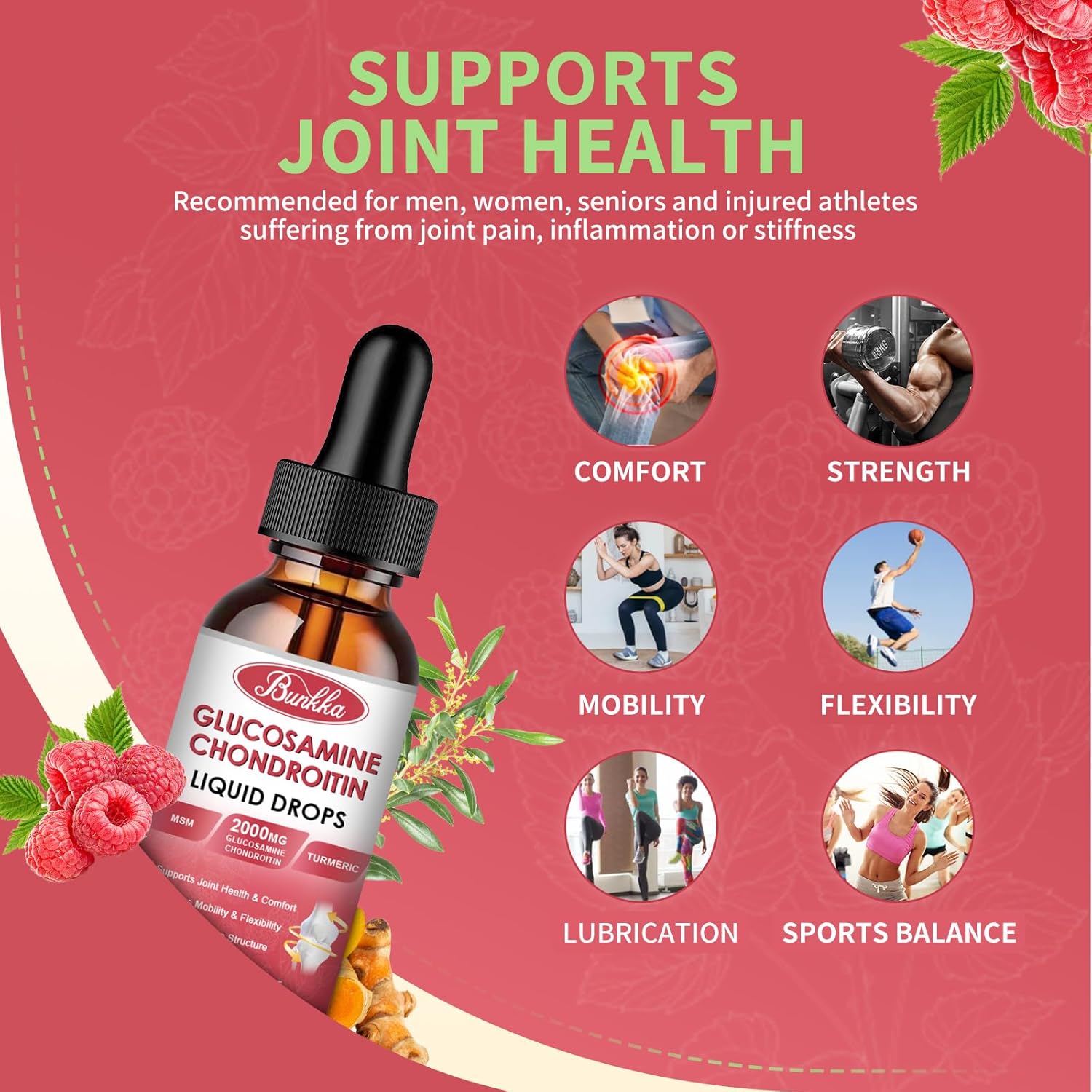 Vegan Bunkka Liquid Joint Support Drops with Glucosamine, Chondroitin, MSM, Turmeric, Boswellia - Antioxidant Formula for Healthy Joints, Mobility, and Cartilage