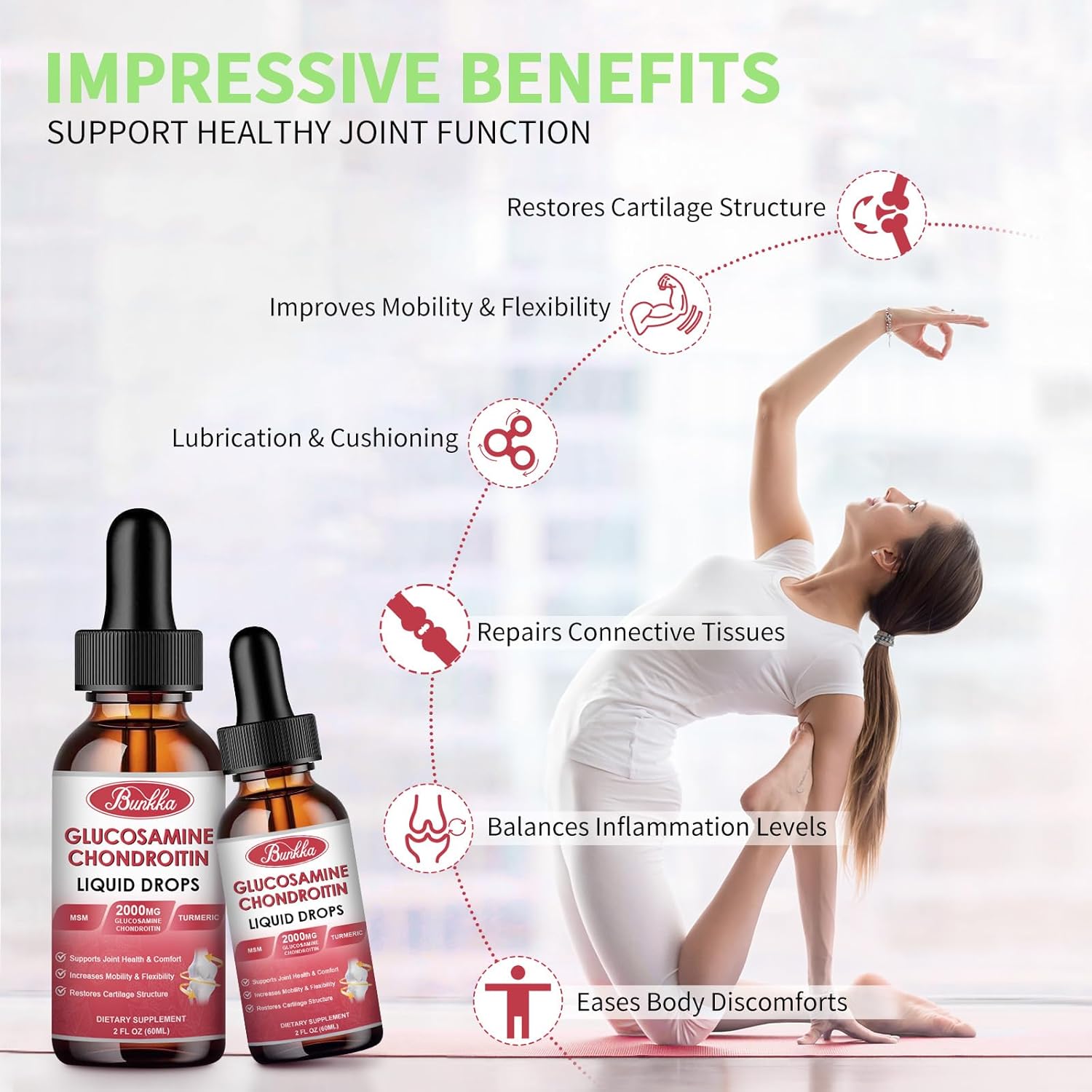 Vegan Bunkka Liquid Joint Support Drops with Glucosamine, Chondroitin, MSM, Turmeric, Boswellia - Antioxidant Formula for Healthy Joints, Mobility, and Cartilage