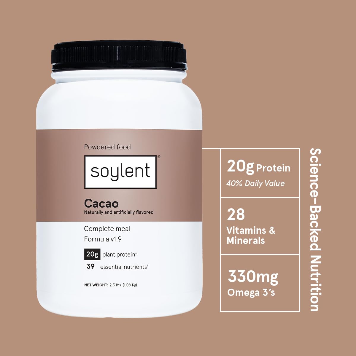 Vegan Cacao Protein Powder with 39 Essential Nutrients - Soylent Complete Nutrition Meal Replacement - 36.8oz